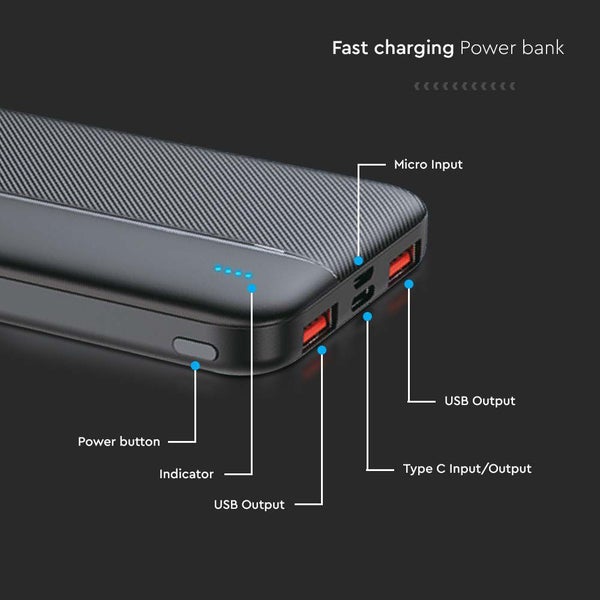 Schnelllade-Powerbank mit Micro-Eingang, USB-Ausgang, Typ-C-Eingang/-Ausgang, Betriebsschalter und Indikator