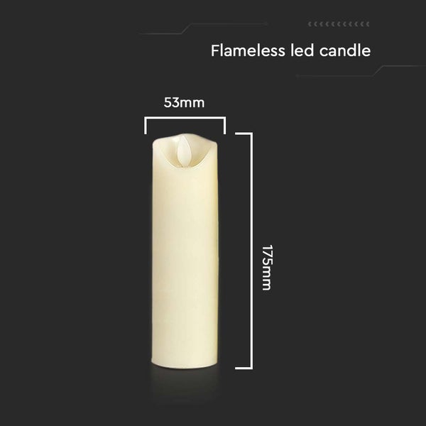Flammenlose LED Kerze mit den Maßen 53 mm mal 175 mm.