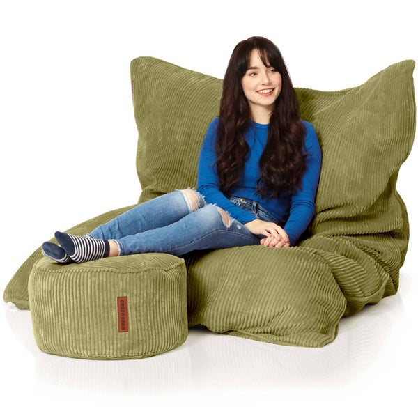 Green Bean Sitzsack + Pouf im Set - XXL Riesensitzsack mit passenden Fußhocker | EPS Füllung Bean Bag Bodenkissen Liegekissen Sitzkissen Indoor Drinnen Waschbar Grün
