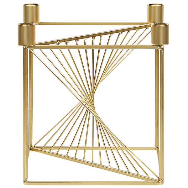 Goldfarbener Metall-Kerzenhalter für vier Stabkerzen mit geometrischem Drahtgestell.