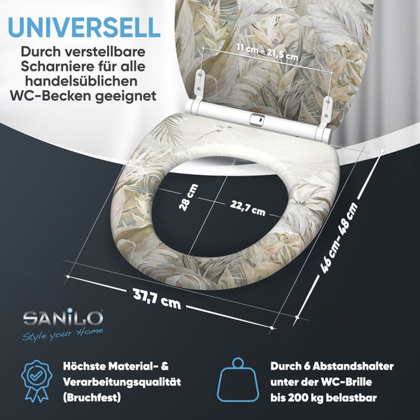 Toilettensitz mit Pflanzenmuster und verstellbaren Scharnieren inklusive Maßangaben sowie Informationen zu Belastbarkeit und Sanilo Logo