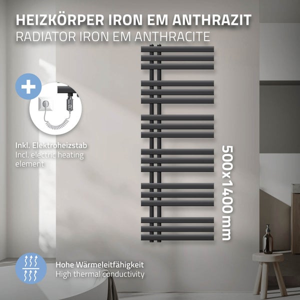 ECD Germany Iron EM Design Badheizkörper Elektrisch mit Heizstab 1200 W - 500 x 1400 mm - Anthrazit - Designheizkörper Paneelheizkörper Heizkörper Handtuchwärmer Handtuchtrockner