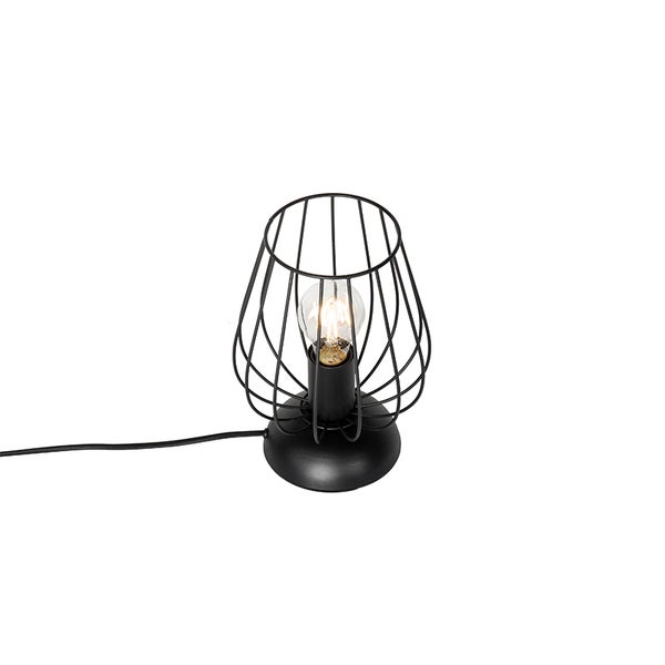 Tischleuchte mit Metallkäfig und Glühbirne