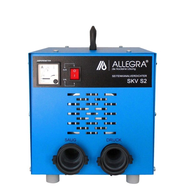 Seitenkanalverdichter SKV S2, ein Gerät mit Amperemeter, Ein-Ausschalter und Anschlüssen für Saug und Druck.