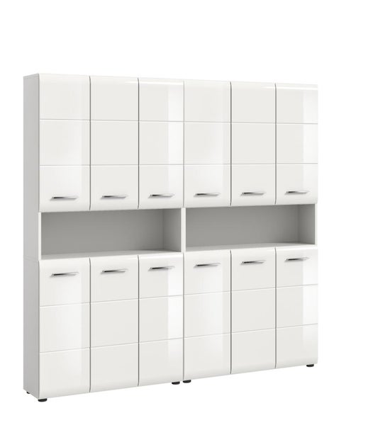Moderner weißer Hochglanz-Mehrzweckschrank mit zwölf Türen, silbernen Griffen und zwei offenen Mittelfächern.