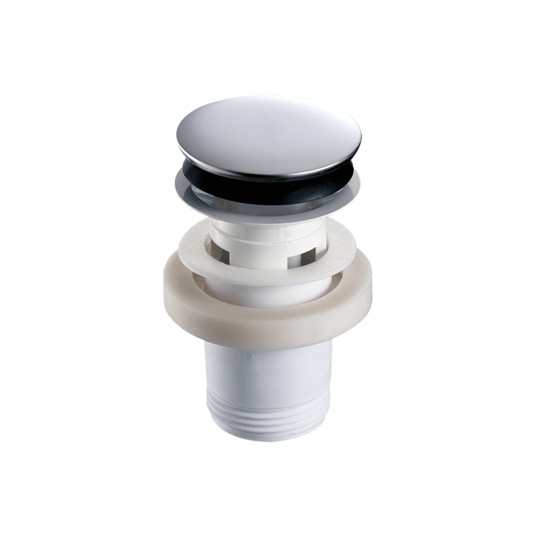 Pop-up-Ablaufventil für Waschbecken aus Kunststoff mit verchromtem Metalldeckel und Dichtungen.
