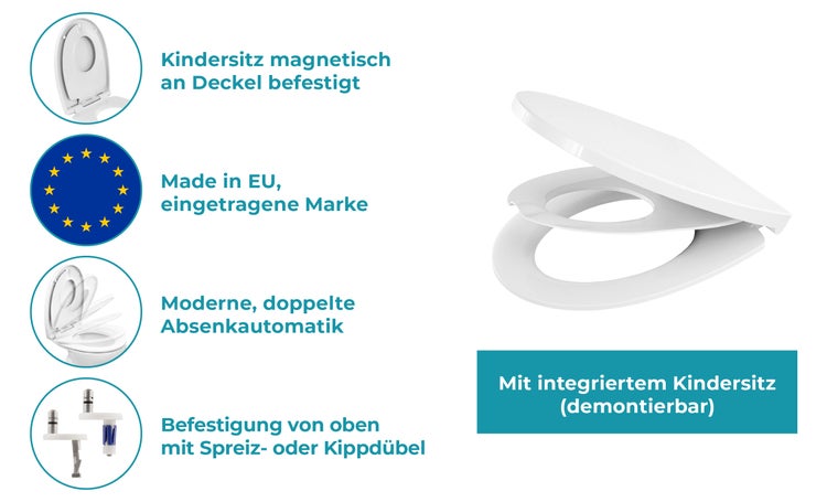 Calmwaters® WC-Sitz Family, Toilettendeckel mit integriertem Kindersitz, einzeln lösbar, Absenkautomatik, 2 Montage-Optionen von oben, abnehmbar, antibakteriell, ovale Klobrille Weiß