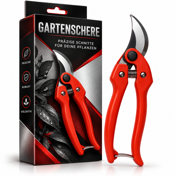 Gartenschere für präzise Schnitte mit Metallklingen und ergonomischen Griffen in der Produktverpackung