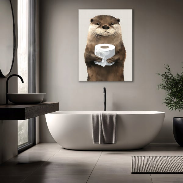 Modernes Badezimmer mit freistehender Badewanne, Waschbecken auf Holzkonsole und Wandbild eines Otters mit einer Rolle Toilettenpapier.