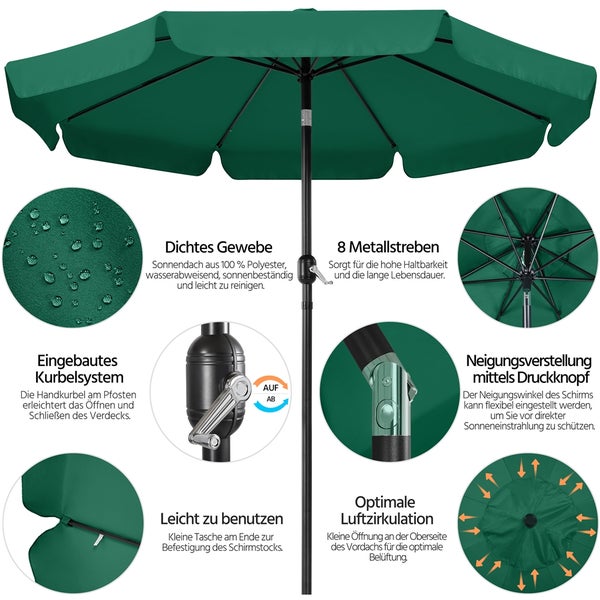 Detailansicht grüner Sonnenschirm mit Kurbel, Neigungsfunktion und Belüftung