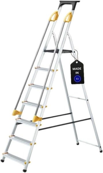 PROREGAL Stufenstehleiter ATLAS mit Werkzeugablage & Handlauf Einseitig Begehbar 7 Stufen Arbeitshöhe 3,40 m Traglast 150 kg
