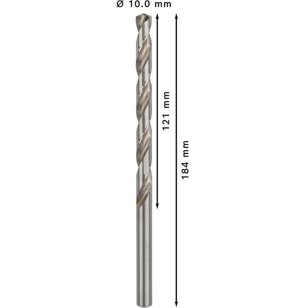 Metallbohrer mit den Massen 10.0 mm Durchmesser, 121 mm Länge des Spiralteils und 184 mm Gesamtlänge