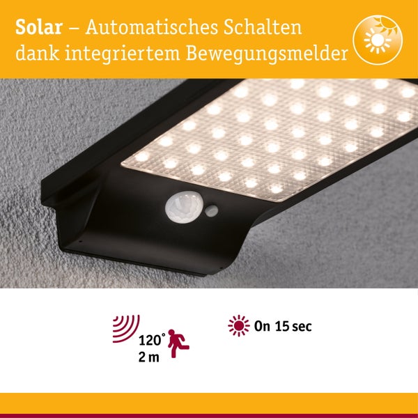 Solar-LED-Wandleuchte mit integriertem Bewegungsmelder, Erfassungswinkel 120 Grad, Reichweite 2 Meter, Leuchtdauer 15 Sekunden.