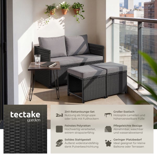Tectake garden Logo. Polyrattan Lounge Set für Balkone mit Sofa, zwei Hockern und Tisch in Holzoptik, witterungsbeständig und platzsparend.