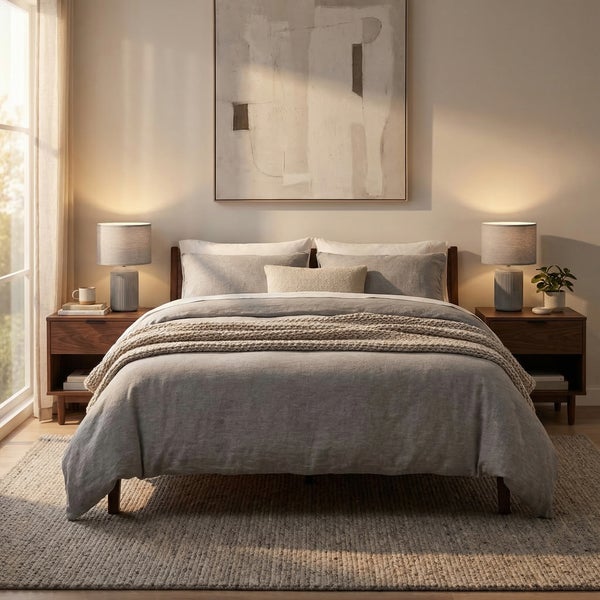 Modernes Schlafzimmer mit Holzbett, grauer Bettwäsche, zwei Nachttischen aus Holz, Tischlampen und Teppich. Ein abstraktes Bild hängt über dem Bett.