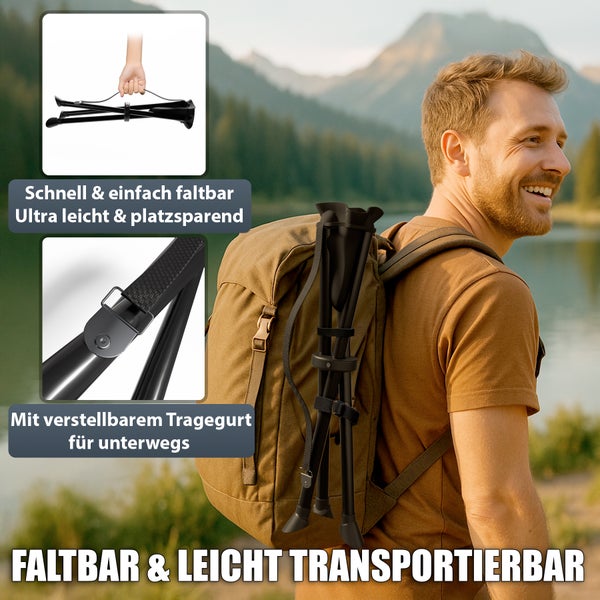 Zusammenklappbarer dreibeiniger Campinghocker mit verstellbarem Tragegurt, der an einem Rucksack befestigt ist