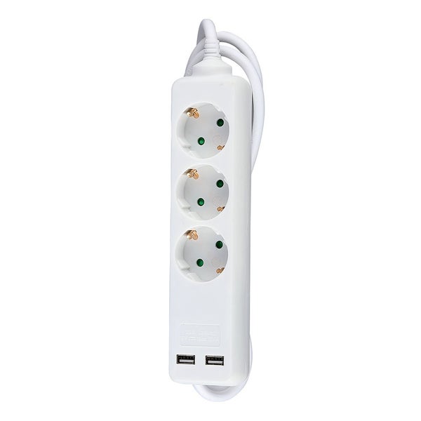 Weiße 3-fach Steckdosenleiste mit 2 USB-Anschlüssen und Kabel