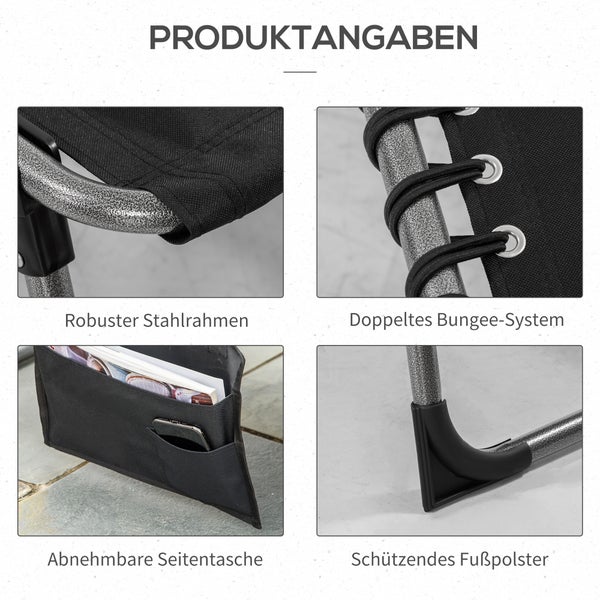 Produktangaben für einen Stuhl: robuster Stahlrahmen, doppeltes Bungee-System, abnehmbare Seitentasche und schützendes Fußpolster.