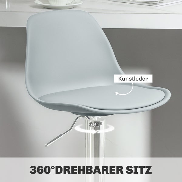 HOMCOM Barhocker 2er Set, Gepolstert Barstuhl mit Stahlgestell, Lehne, Höhenverstellbar Küchenstühle mit Fußstütze 360° Drehbar Tresenhocker für Küche, Wohnzimmer, Esszimmer, Kunstleder Grau
