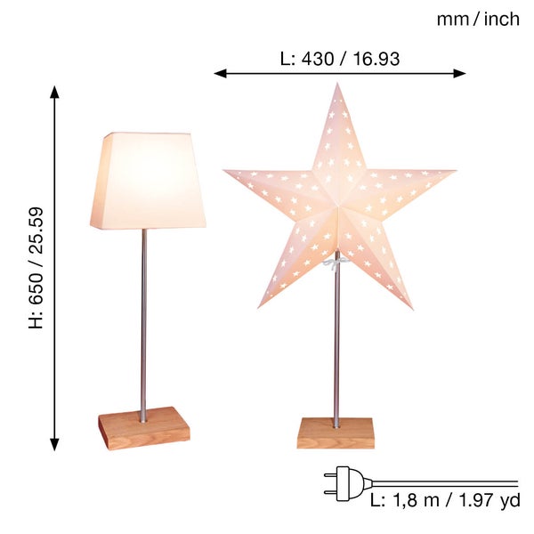Abmessungen einer Tischleuchte und einer Sternleuchte dargestellt