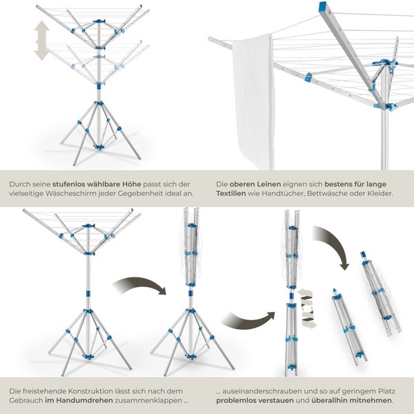 Grafik einer freistehenden Wäschespinne mit Darstellung der Höhenverstellung, des Aufhängens von Wäsche sowie des Zusammenklappens und Zerlegens.