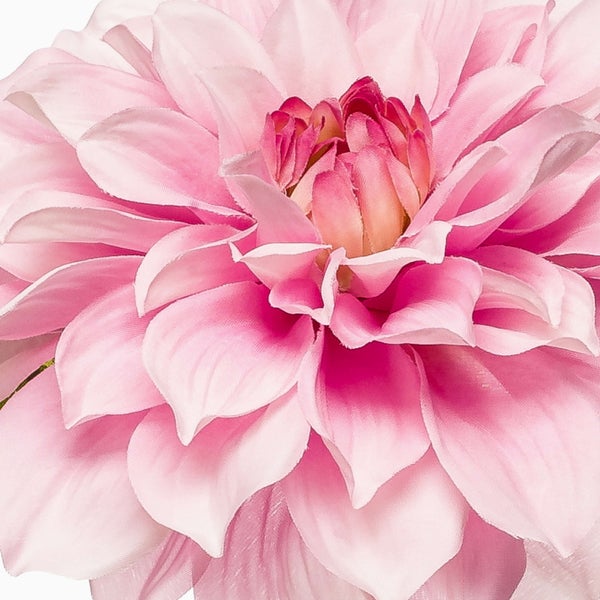 Künstliche Dahlie in Rosa mit grünem Stiel und Blättern.