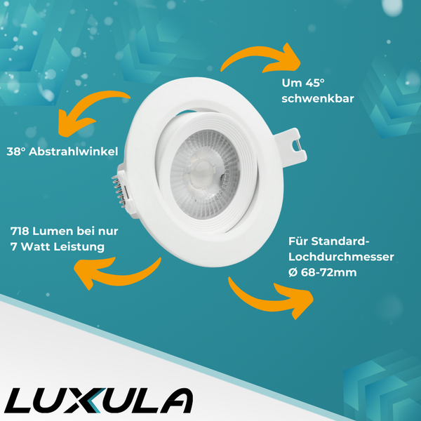 Produktbild eines weißen LED Einbaustrahler mit einem Abstrahlwinkel von 38 Grad, 718 Lumen Lichtstrom bei einer Leistung von 7 Watt, um 45 Grad schwenkbar und für einen Standard-Lochdurchmesser von 68 bis 72 Millimeter
