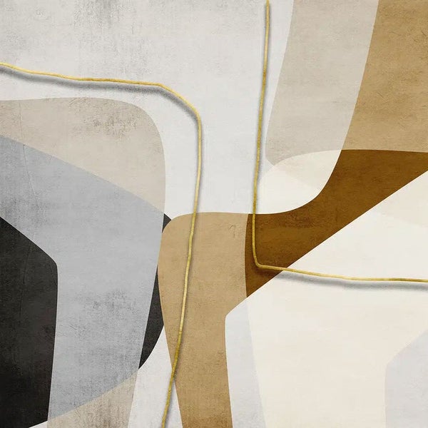Modernes abstraktes Wandbild mit organischen Formen in Beige, Braun und Grau sowie feinen goldenen Linien.