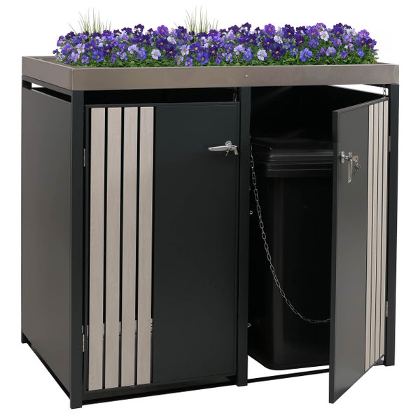 Mülltonnenbox mit Pflanzschale und zwei Mülltonnen