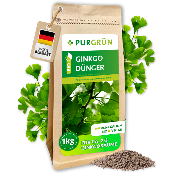 Purgrün Ginkgo Dünger Granulat, 1 Kilogramm, bio und vegan, mit extra Kalium, für circa 2 bis 3 Ginkgobäume, hergestellt in Deutschland.