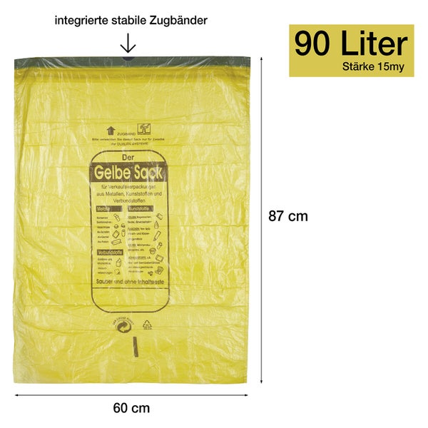 20 Rollen Gelber Sack, Gelbe Säcke 90 Liter HDPE Gelb 13 Stück pro Rolle, insgesamt 260 Stück - ca. 60x87 cm plus 5 cm Umschlag 15my - Ideal für Mülltonnen, Mülleimer und Körbe