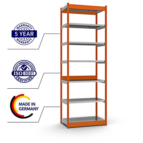 PROREGAL Fachbodenregal Stecksystem Vierkant-Profil Grundregal HxBxT 300 x 102,5 x 50 cm 7 Ebenen Einseitige Bauart Fachlast 200 kg Orange