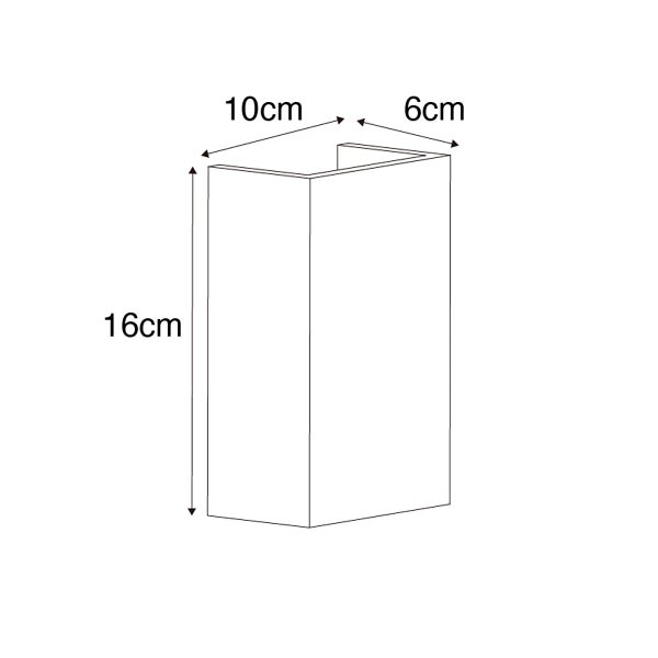 Skizze einer Wandleuchte mit den Maßen 16 cm Höhe, 10 cm Breite und 6 cm Tiefe.