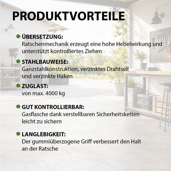 Infografik mit Produktvorteilen eines Seilzugs: Ratschenmechanik, Ganzstahlkonstruktion, 4000 Kilogramm Zuglast, Sicherheitsketten und Gummigriff.