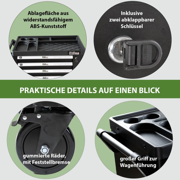 Detailansicht Werkzeugwagen mit Ablage aus ABS-Kunststoff, zwei Klappschlüsseln, Gummirädern mit Feststellbremse und großem Griff.