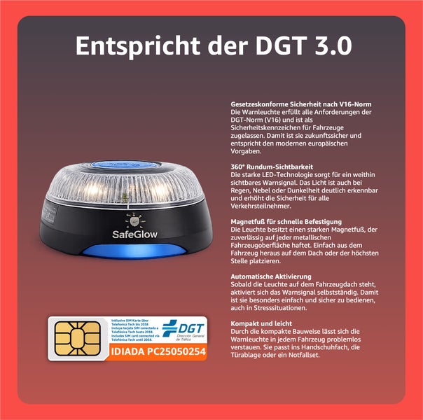 SafeGlow Warnleuchte mit Magnetfuß und SIM-Karte, entspricht DGT 3.0 Norm