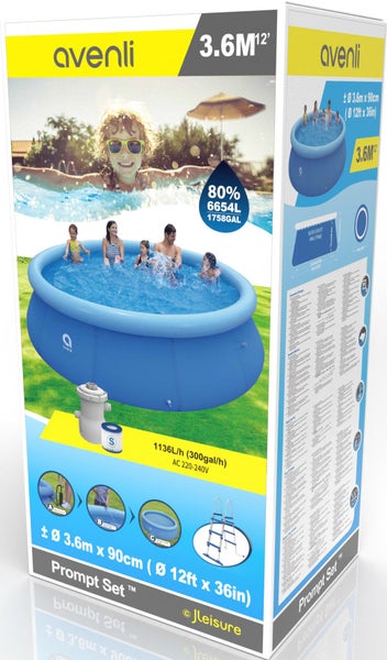 Avenli Pool Set Verpackung mit Abbildungen des Pools mit Familie und technischen Daten