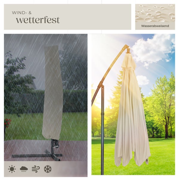 Gartenszene mit großem Sonnenschirm und Sitzgruppe auf der Terrasse