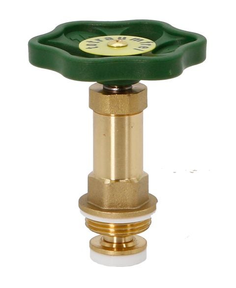 Totraumfreies Ventiloberteil aus Messing mit grünem Handrad