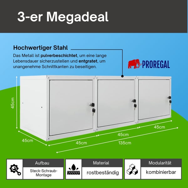 Drei Metallschränke aus pulverbeschichtetem Stahl. Maße 135 mal 45 mal 45 Zentimeter. Steck-Schraub-Montage, rostbeständig. Proregal Logo.