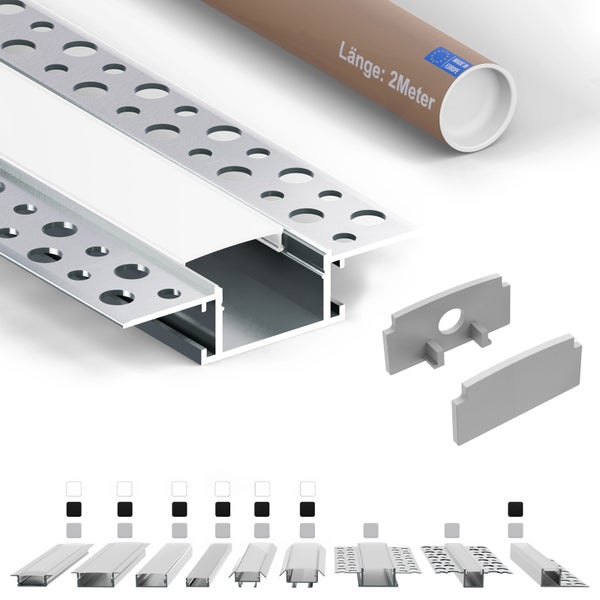 LED Aluminium Einbauprofil für Trockenbau mit Abdeckung und Endkappen, zwei Meter lang, geeignet für bündige Wand- und Deckenmontage.