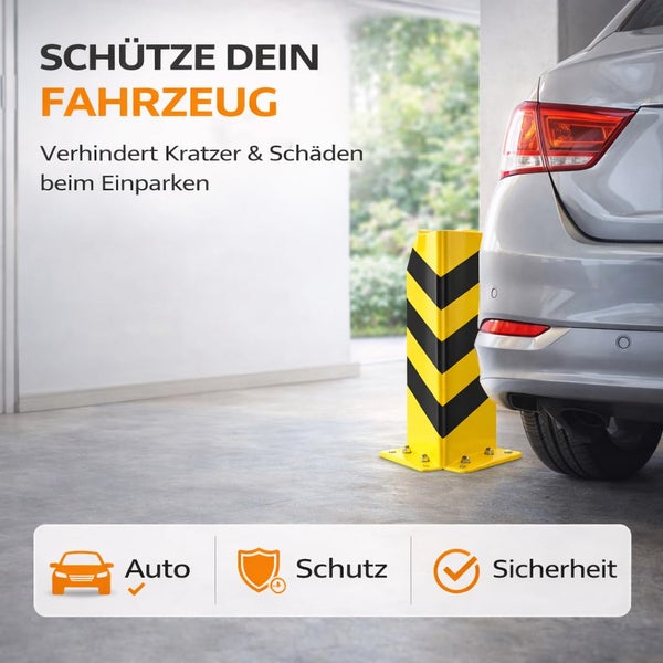 Anprallschutz aus Metall für Garagenecken mit Warnmarkierung, bodenmontiert zur Vermeidung von Fahrzeugschäden beim Einparken.