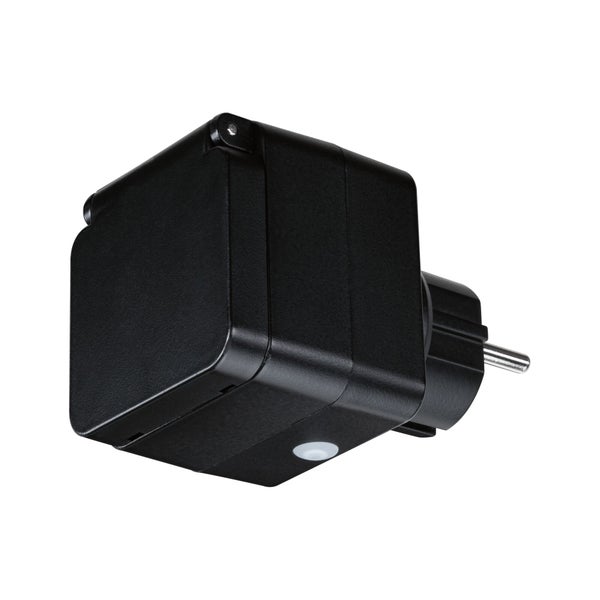 Steckdosenadapter mit Dämmerungssensor und Klappdeckel aus Kunststoff.