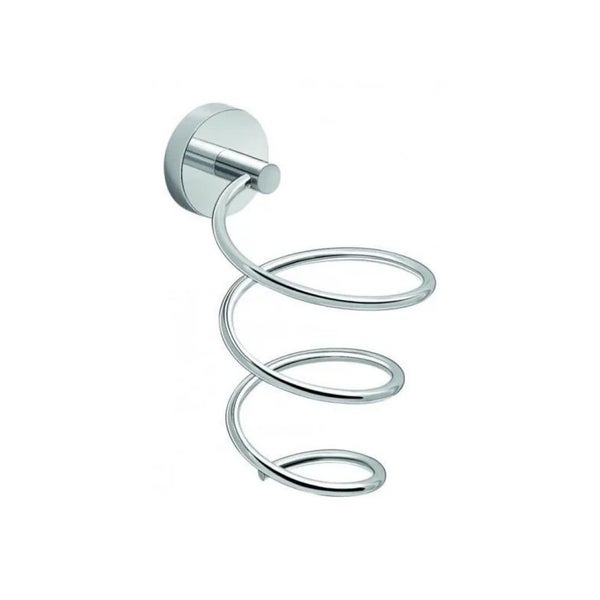 Spiralförmiger Fönhalter für die Wandmontage aus verchromtem Metall.