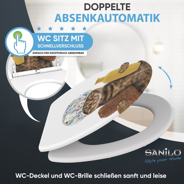 Toilettensitz mit Motiv einer Katze mit Duschhaube, doppelter Absenkautomatik und Schnellverschluss per Knopfdruck. Sanilo Logo.