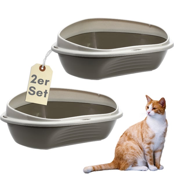 Set mit 2 Katzentoiletten, offene Modelle aus Kunststoff mit hohem Rand.