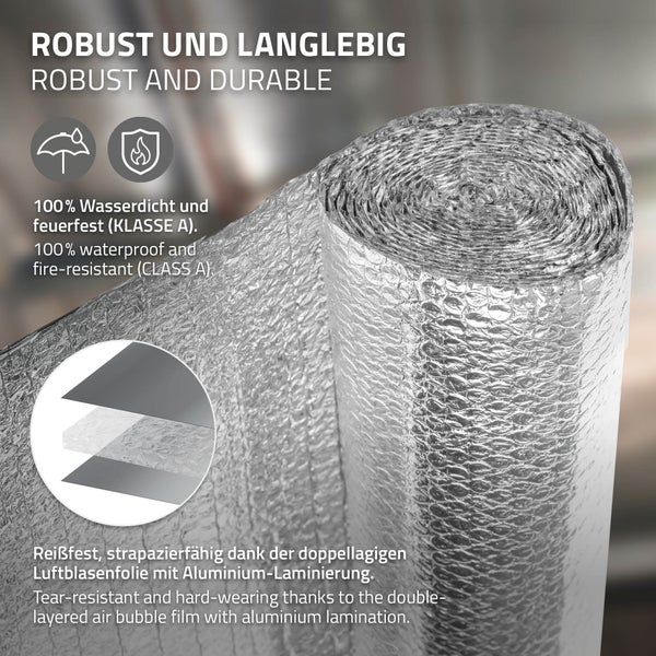 Reflektierende Isolierfolie auf einer Rolle, zuschneidbar und einfach anzubringen für Wärmedämmung mit Dichtband.