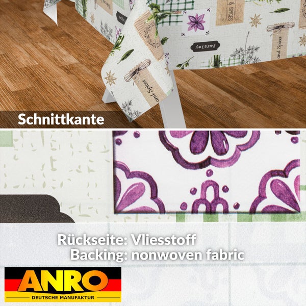 Wachstuch-Tischdecke mit Gewürzkräutermotiven, Schnittkante, Rückseite aus Vliesstoff, ANRO Logo.