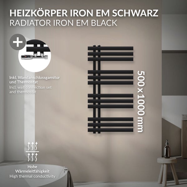 LuxeBath Badheizkörper Iron EM 500x1000 mm Schwarz matt Mittelanschluss mit Anschlussgarnitur und Thermostat Eck Wand, Design Heizkörper Bad Heizung Handtuchwärmer Handtuchtrockner Handtuchheizkörper
