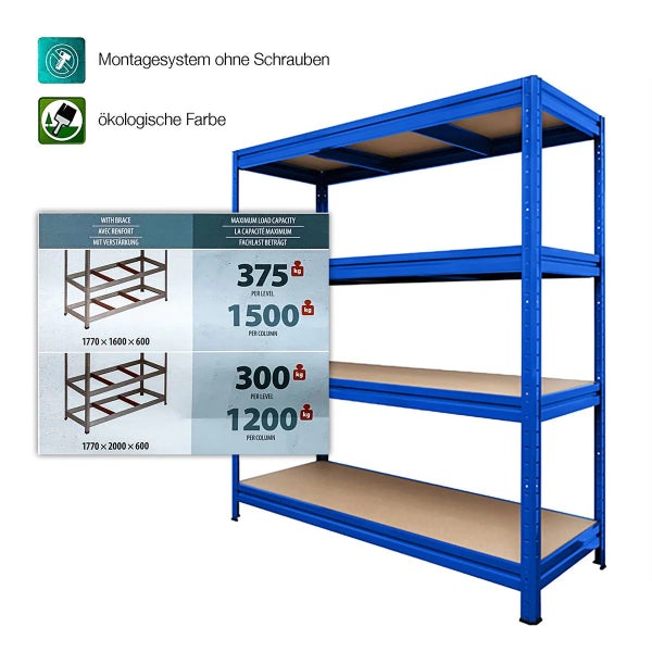 Blaues Schwerlastregal aus Metall mit vier Holzböden, schraubenloses Montagesystem, ökologische Farbe und Informationen zur Tragkraft.